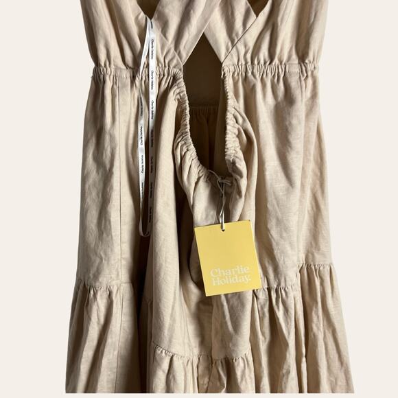 Charlie Holiday Lilian Oat Beige Tiered Cut Out Linen Midi Dress Size XL - Picture 12 of 15